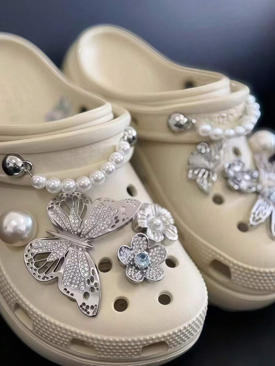 12pcs Silver Rhinestone Butterfly Shoe Charms, Pearl Flower Chain DIY Sandals Beach Bag Detachable Accessories Gift - Silver - View 1