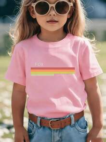 FOX Retro Rainbow Print Round Neck Short Sleeve T-Shirt, Soft And Comfortable Casual Top For Summer, Stylish And  American Vintage Style, Suitable For Boys And Girls For Everyday Wear, School Outings, Outdoor Activities, Birthday Parties - 白色 - 查看 8