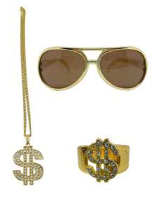 3pcs 60s 70s 80s 90s Hip Hop Sunglasses + Ring + Necklace Hip Hop Costume Accessories Party Supplies Rapper Unisex Hippie Retro Jewelry - Gold - View 3