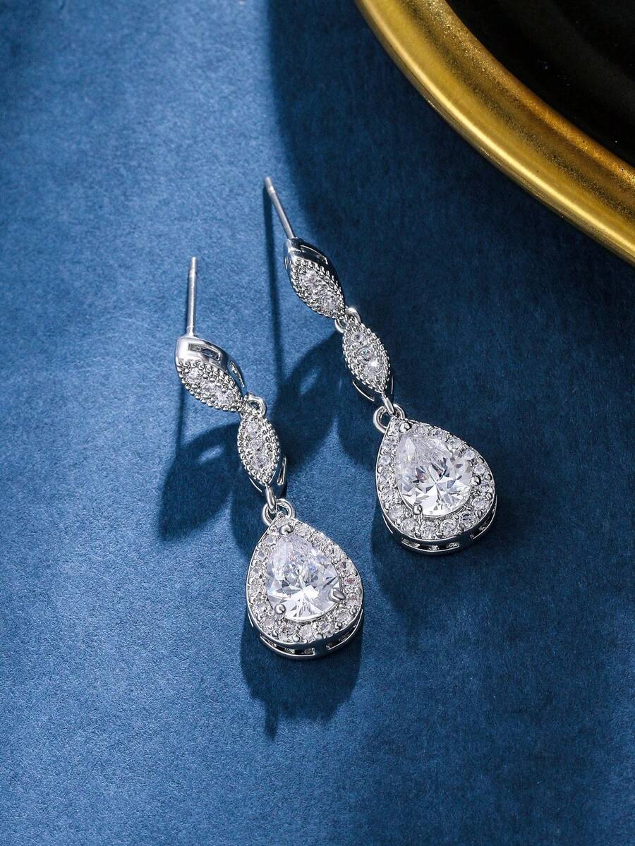 优雅奢华水滴形锆石铜耳环，适合日常佩戴 - 玫瑰金 - 查看 1