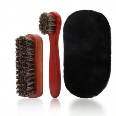 3 Pcs Shoe Brush Kit Premium Horsehair Shoe Brush With Shoe Polishing Glove For Leather Professional Boot Brush Shoe Polish Kit For Cleaning 3 Brown