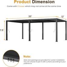 調整可能な金属製屋外日よけパーゴラ 12x20フィート カーテン＆ネット付き 雨樋システム ダークグレー 庭用 (12'x20'、黒色) - ブラック - チェックする 9