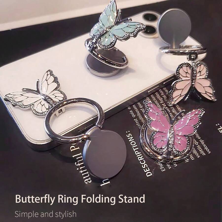 Adjustable Butterfly Element 1pc Rhinestone Butterfly Decor 360° Rotating Ring Holder Phone Stand Compatible With IPhone And Android Phones Birthday Gift For Family And Friends Phone Accessories Spring Party - Multicolor - View 1