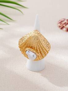 1 Set de pendientes, pulsera y anillo con diseño de perlas y conchas marinas de estilo elegante y a la moda, adecuado para uso diario, vacaciones y playa de mujeres - Dorado - Ver 6