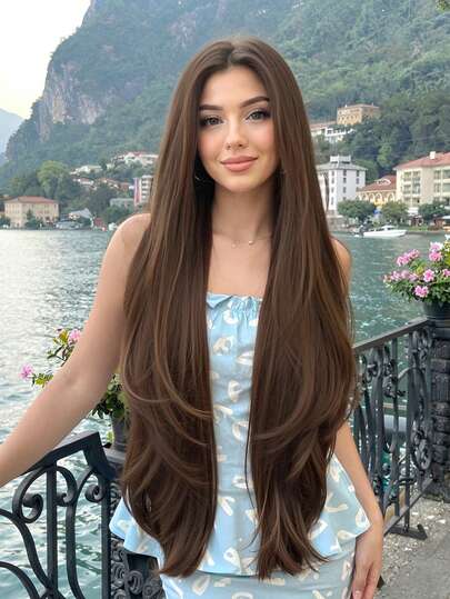 32英寸长卷发假发，棕色波浪假发，女士合成假发，适合女孩日常派对佩戴，渐变色耐热长款蓬松波浪假发，中分，角色扮演假发