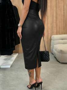 Chân váy dài xẻ tà bằng vải phủ bóng kiểu dáng thường ngày dành cho nữ, có khóa kéo, độ co giãn vừa phải. - màu đen - Xem 2