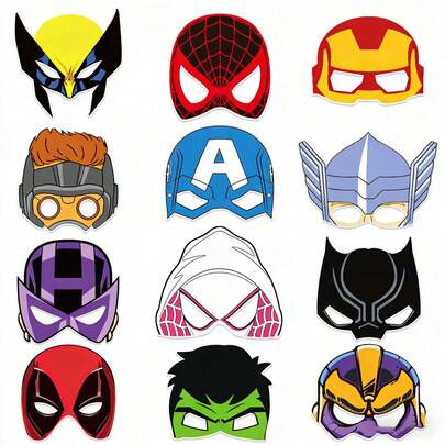 Marvel 12件套超级英雄纸面具套装，儿童角色扮演派对面具，超级英雄主题生日派对礼物，万圣节和动漫展览的拍照道具。