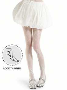 镂空花卉网纱长筒袜，甜美透明白色蕾丝连裤袜，春夏紧身裤 - 彩色 - 查看 9