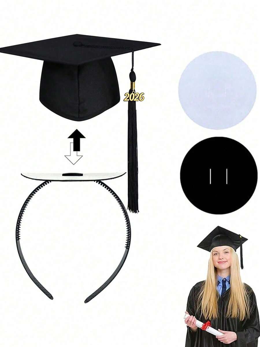 1pc/3pcs Graduation Cap Headband, Black Plastic Buckle Fixation, Adhesive Graduation Cap Headband Hair Accessory, Graduation Student Supplies - Graduation Cap Headband - View 1
