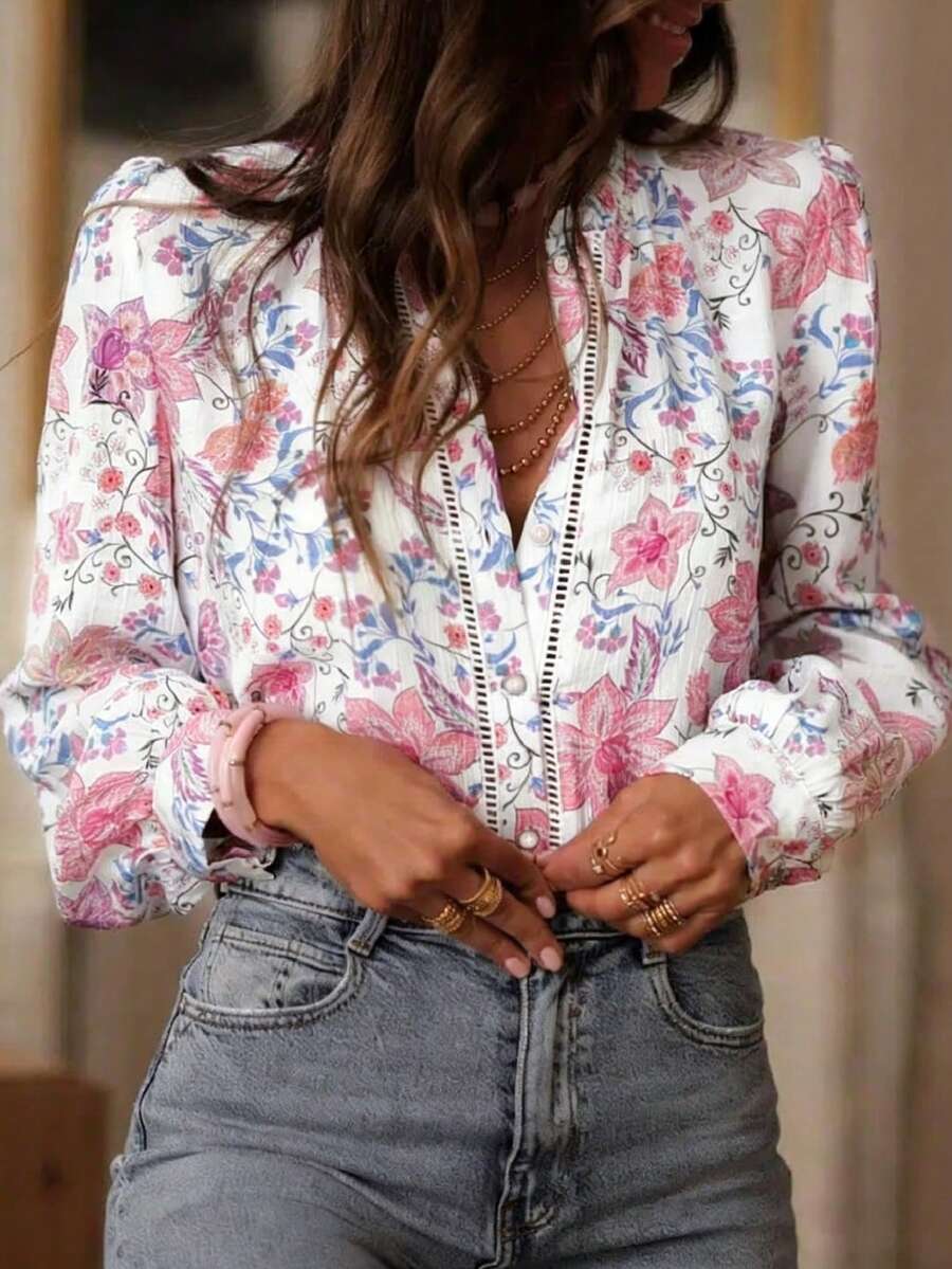 女款春夏數位印花襯衫女裝,時尚優雅休閒寬鬆長袖小立領開襟衫,度假白色 - 白色 - 查看 1