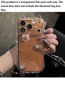 1个新款Y2K猫耳透明闪钻镂空蝴蝶奢华名媛风手机壳，适用于 17 Pro Max、16、15 Pro、14、13 Pro Max、12、11，TPU软保护套 - 粉蝴蝶結 - 查看 3