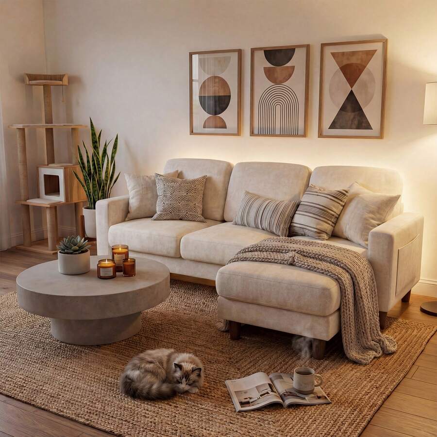 Convertible Sectional Sofa, L-Shaped Sofa With A Movable Sugar-Cube-Style Chair As A Footstool, Suitable For Living Rooms, Apartments And Small Spaces In Offices - White Towel - View 1