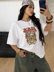 1pcs Ladies' Von-Dutchs Eagle Graphic Print Casual Streetwear Printed Elegant Short Sleeve T-Shirt Soft Comfortable Crew Neck Fashionable Print Suitable For Spring Summer Fall Versatile 100 Cotton Women's Casual T-Shirt Easy Matching Wardrobe Staple - 白色 - 查看 2
