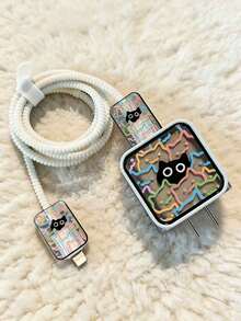 5pcs White Line Cat TPU Data Cable Protector Case, Suitable Compatible With Apple 20W/18W Fast Charger Adapter - White - View 4