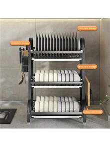 3-Tier Dish Rack,Kitchen Countertop Cutlery Rack Space-Saving Kitchen Storage Rack, Large-Capacity Drain Rack With Drain Trays For Quick Drainage, Easy To Assemble, Suitable For Family Kitchens To Store Tableware, Dishes, Knives, A Kitchen Essential. - Black - View 7