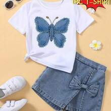 Camiseta Infantil Algodão - Estampa Borboleta Jeans Blusinha ideal para meninas entrega rapida - Branco - Visão 2