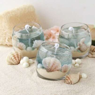 1 pieza Vela de gel con tema oceánico, vela de gelatina con conchas y perlas hecha a mano (azul, morado, rosa), adecuada para decoración del hogar, sala de estar/dormitorio/baño, relajación, meditación, spa, yoga, recuerdos de boda, regalos de cumpleaños y fiestas, uso diario y para regalar a amigos