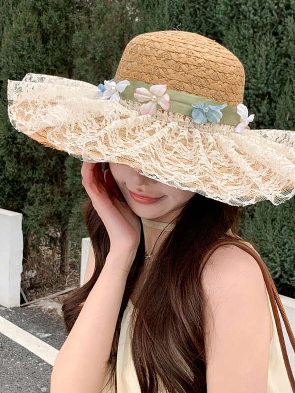 Women's Summer Beach Sun Hat With Faux Flowers, Sweet And Cute, Multifunctional And Slimming Straw Hat