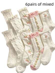 5/3/1 Pairs Randomly Shipped Women's Floral Ruffle Fashion Mid-Calf Socks, Suitable For Daily Wear - Multicolor - View 10