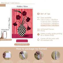 1pc Floral Checkered Vase Print: Berry Pink Wall Decor, Suitable For Home Decor, Room Decor, Bedroom Decor, Living Room Decoration, Bathroom Decor, Wall Decor, Optional Wall Art With Frame. - Multicolor - View 19