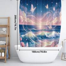 Conjunto de cortina de chuveiro multifuncional com estampa de paisagem de praia, diamantes florais e borboletas (1 peça/4 peças), 12 ganchos inclusos, elegante e com atmosfera de férias, tapete de banheiro, tapete para vaso sanitário em formato de U e tapete para vaso sanitário redondo, adequado para todos os ambientes de banheiro. - D - Ver 11