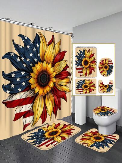 1/3/4件套向日葵图案浴帘套装，国旗配色，家居装饰，浴室帘，浴室套装，浴室配件，包含浴帘，浴室浴帘套装。多尺寸浴帘套装，装饰性浴室配件包括浴帘、U型马桶座套、防滑垫、马桶座套和12个浴帘挂钩。适合作为乔迁、生日、节日礼物，以及情侣间的礼物。