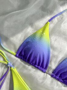 夏季性感时尚渐变水钻吊坠挂脖比基尼两件套，适合海滩、度假、游泳、邮轮等场合 - 藍綠色 - 查看 2