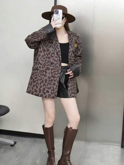 女士豹纹翻领单排扣休闲百搭长袖外套