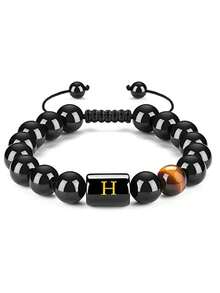 Vòng tay nam bằng đá mã não đen mắt hổ, kiểu bện, mặt dây chuyền 26 chữ cái, trang sức khắc tên riêng, quà tặng sinh nhật. - Nhiều màu - Xem 23