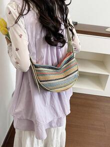 2026 New Bohemian Striped Straw Bag, Women's Casual Crescent Shoulder Bag, Lightweight Woven Saddle Bag For Travel - Multicolor - View 5