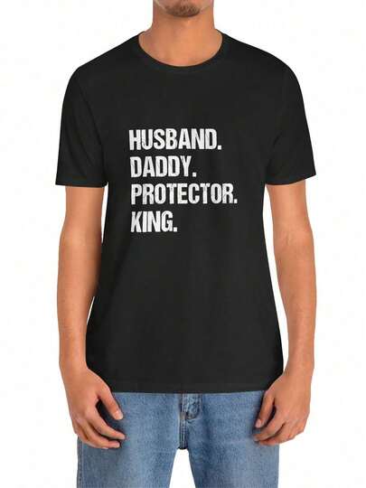 Men's Husband, Daddy, Protector, King Graphic Cotton-Shirt - Casual Crew Neck Short Sleeve Tee Hiking & Outdoor,% Cotton, Black, Slight Stretch, 180gsm, Washable, Camping Gear