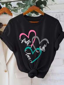 [Faith T-Shirt] Polyester Women's Plus Size Faith Love Hope Letter T-Shirt |   Casual Crew Neck Short Sleeve Top, All Season Comfort Fit - 200gsm - 黑色 - 查看 2
