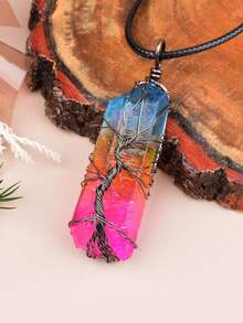 手工缠绕彩虹水晶柱生命之树吊坠项链，时尚简约饰品，独特个性化颈链 - 編織電鍍項鍊 - 查看 10