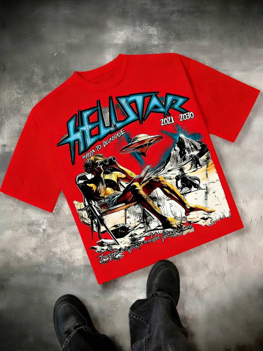 Hellstars Path To Paradise UFO Alien Y2K Graphic T-Shirt,220g 100% Cotton,Round Neck Short Sleeve,Black Streetwear Essential For Summer Going Out,Unisex Style - Red - View 1