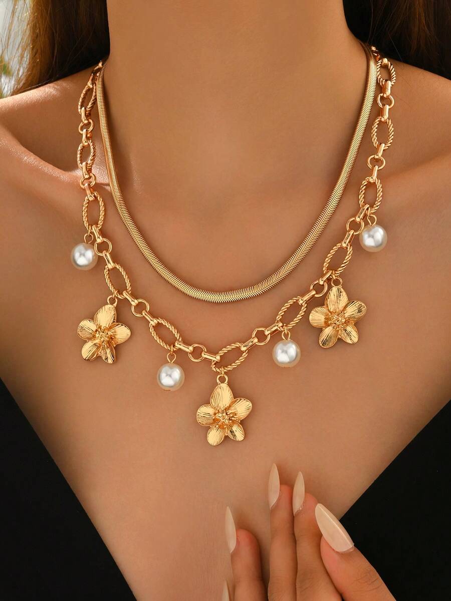 2pcs/Set Fashionable Gold Flower Pendant Necklace, Elegant Faux Pearl Thick Snake Chain Jewelry, Suitable For Daily Wear And Party - Gold - View 1