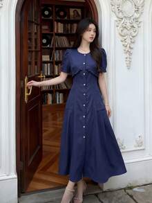 Đầm Y6Y - Mẫu đầm mùa hè mới màu xanh hải quân, kiểu dáng buộc dây, cài cúc đơn cho nữ. - Màu xanh hải quân - Xem 4