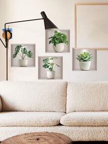 4片装2D打印绿色植物墙贴 - 3D多肉植物墙贴，适用于沙发背景墙、卧室、客厅和厨房装饰，2D平面设计风格 - 4片 - 查看 10