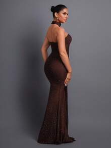 Elegant Strapless Pleated Mesh Evening Dress, Featuring Graceful Pleated Design And Alluring Sheer Skirt, Suitable For Romantic Dates, Upscale Galas, Fashion Photography, Art Events, And Stylish Soirees - Brown - View 3