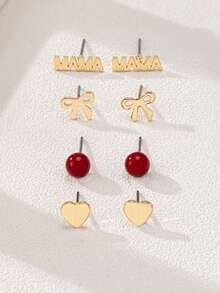 4 Pairs/Set Fashionable Delicate Bow & Heart Earrings Set, Gift For Valentine's Day & Mother's Day - Gold - View 6