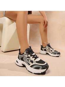 New Style Women's Casual Sports Shoes, Platform Sports Shoes, White Lace-Up Round-Toe Blended Material, Breathable, Versatile, Printed Graffiti, College Style, Suitable For Students, Outdoor Hiking, Casual Wear And Commuting. - 黑色 - 查看 4