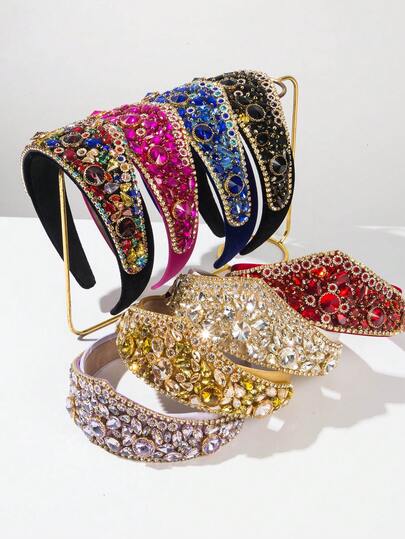 1pc Solid Color Velvet European & American Baroque Style Women's Crown Headband, Luxury Handcrafted Sparkling Gemstone Decor, High-Quality Bridal Crown Headpiece, Elegant Nobility Party Evening Hair Accessory