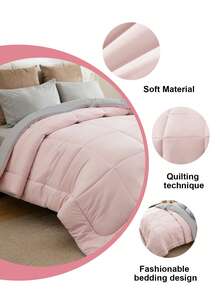 1pc Honeymoon Reversible Quilt With Grid Stitching, Made Of Soft & Breathable Polyester Fleece, Wrinkle-Resistant, Alternative To Down Comforter, Suitable For Home And Dorm, OEKO-TEX Certified, Size T/F/Q/K - Baby Pink - View 5