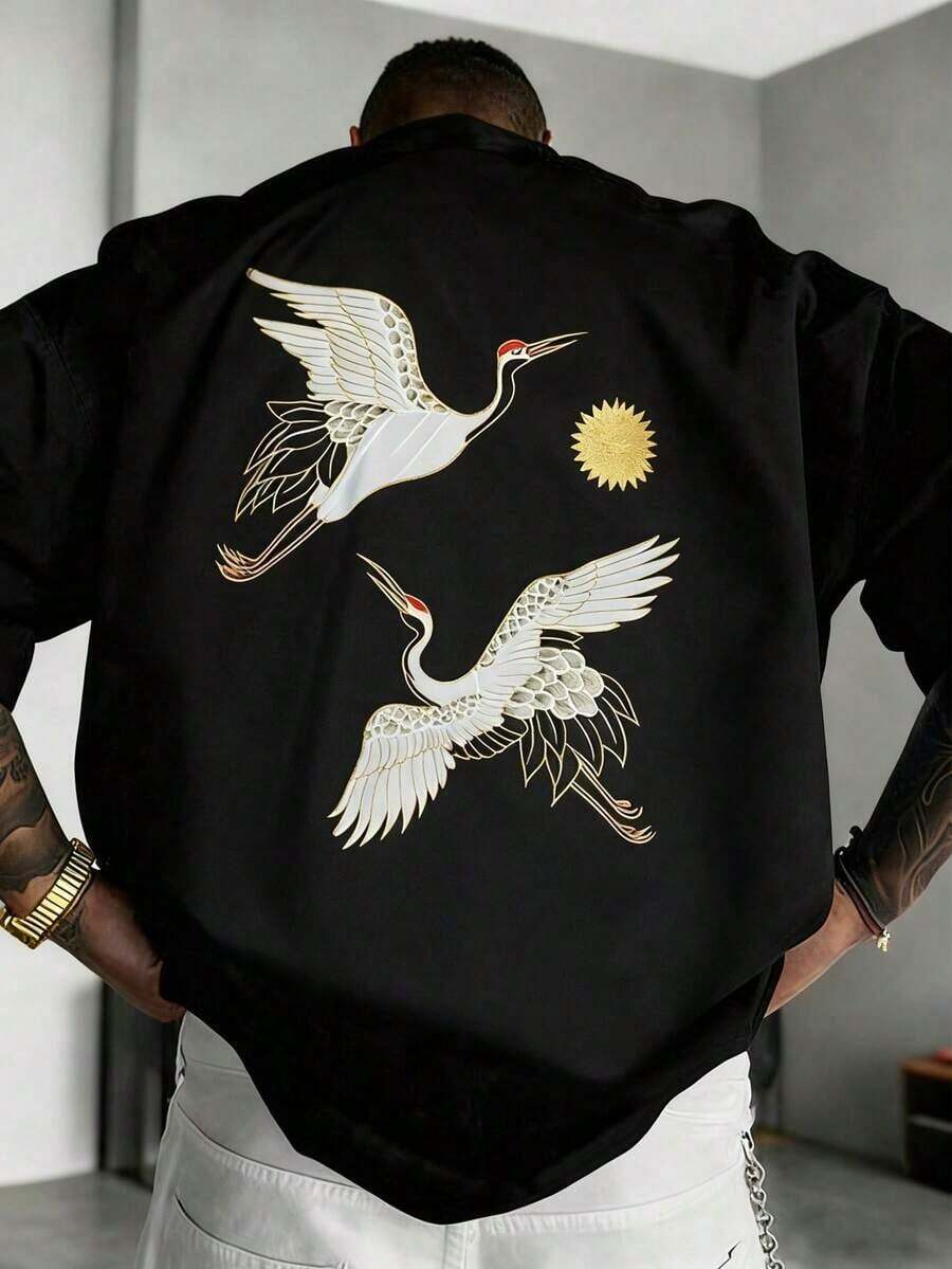 2026 Manfinity Dauomo Men's Casual Crew Neck T-Shirt, Design: Seagulls Playing With The Sun, Fashionable Personalized Style, Everyday Wear, Summer Y2k - Black - View 1