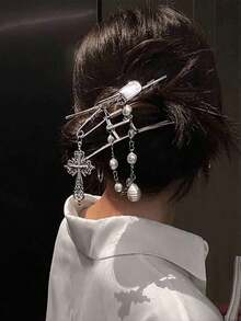 1pc Y2K Metal Chain Pearl Grab Clip Women's Back Of Hair Clip Clips Clips Large Size Plate Hair Headwear Women Claw Clip Fashion Hair Accessories Elegant Hair Claw 8ZXF - 銀色 - 查看 6