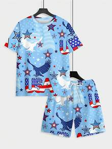 A Set Of American Patriotic Style Knit Fabric USA Eagle Totem Print Men's Casual Summer Outfit, Independence Day Gift, Light Blue Base With USA Eagle Totem, Men's Plus Size Two-Piece Set - Nhiều màu - Xem 6