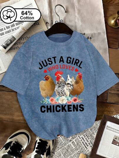 Camiseta casual de mujer talla grande, con estampado vintage de copos de nieve, gallo amarillo, pollo moteado y pollo de plumas marrones parados sobre flores coloridas, adecuada para uso al aire libre, parte superior de mujer, ropa de verano, estampado gráfico