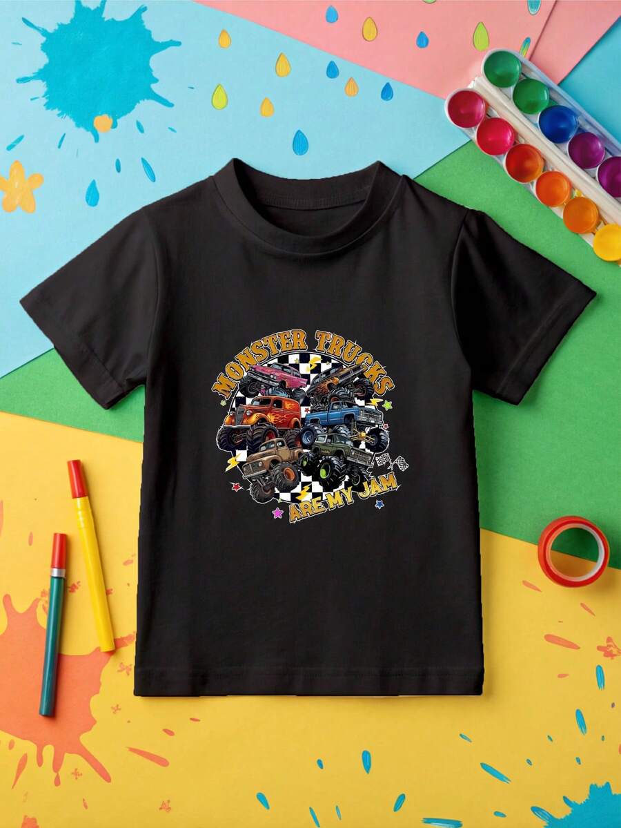 Monster Trucks Are My Jam T-Shirt, Boys Monster Truck Shirt, Toddler Boy Cars Tee, Monster Truck Lover Gift, Retro Checkered Youth Boys Sweater OC-3199 - 黑色 - 查看 1