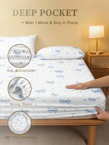 1pc Light Blue Bow Pattern Fitted Bedsheet, Dust Cover, Valentine's Day Bedspread, Suitable For All Bed Sizes - Twin, Full, Queen, Soft & Breathable, Fits Mattress Up To 11.8 Inches - Baby Blue - View 4