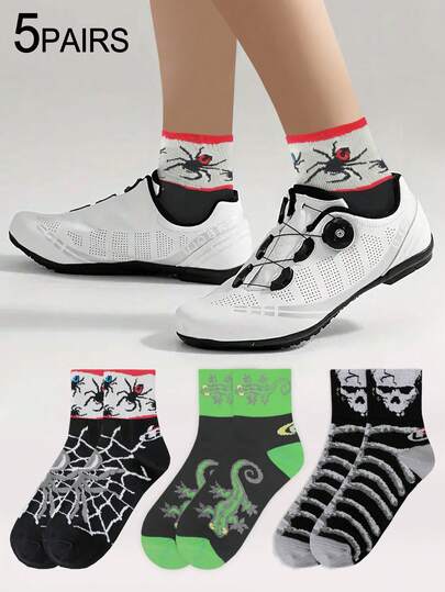 5 Pairs Men's Fashion Pattern Sport Ankle Socks Stretchy Breathable & Comfort Outdoor Running Cycling Socks