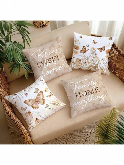 4pcs Set Minimalist Khaki Butterfly & Floral "Sweet Home" Throw Pillow Covers, Soft Peach Single-Sided, Suitable For Home Decor, Gatherings And Gifts, Sizes 45*45/50*50/40*40cm (Pillow Insert Not Included)